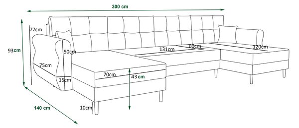 Rozkładana sofa narożna w kształcie U SILVIANO 300x140 cm, ciemnozielona + 2 poduszki GRATIS