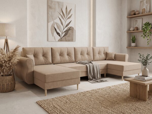 Rozkładana sofa narożna w kształcie U SILVIANO 300x140 cm, beżowa + 2 poduszki GRATIS