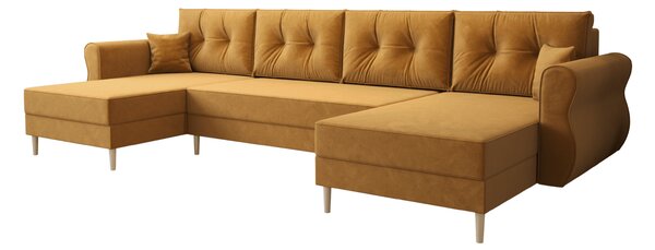 Rozkładana sofa narożna w kształcie U SILVIANO 300x140 cm, musztardowa + 2 poduszki GRATIS