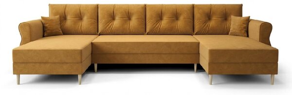 Rozkładana sofa narożna w kształcie U SILVIANO 300x140 cm, musztardowa + 2 poduszki GRATIS