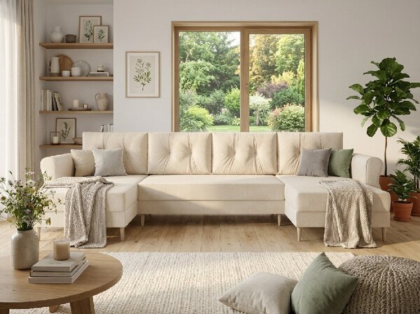 Rozkładana sofa narożna w kształcie U SILVIANO 300x140 cm, kremowa + 2 poduszki GRATIS