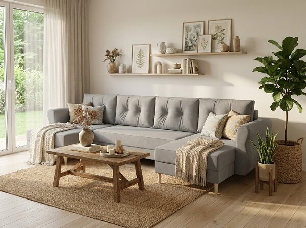 Rozkładana sofa narożna w kształcie U SILVIANO 300x140 cm, szara + 2 poduszki GRATIS