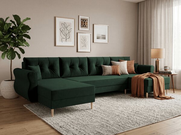 Rozkładana sofa narożna w kształcie U SILVIANO 300x140 cm, ciemnozielona + 2 poduszki GRATIS