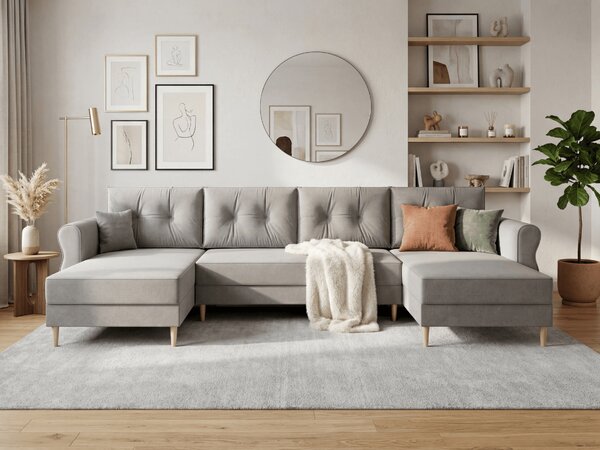 Rozkładana sofa narożna w kształcie U SILVIANO 300x140 cm, szara + 2 poduszki GRATIS