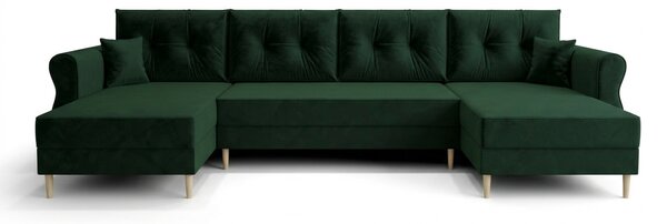 Rozkładana sofa narożna w kształcie U SILVIANO 300x140 cm, ciemnozielona + 2 poduszki GRATIS