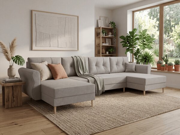 Rozkładana sofa narożna w kształcie U SILVIANO 300x140 cm, szara + 2 poduszki GRATIS