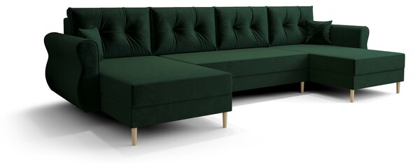 Rozkładana sofa narożna w kształcie U SILVIANO 300x140 cm, ciemnozielona + 2 poduszki GRATIS