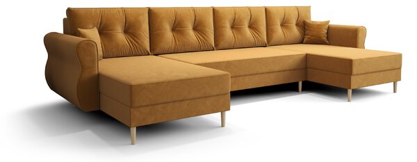 Rozkładana sofa narożna w kształcie U SILVIANO 300x140 cm, musztardowa + 2 poduszki GRATIS