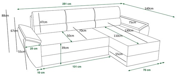 Rozkładana narożna sofa TAVERO 251x140 cm, ciemnozielona, uniwersalna