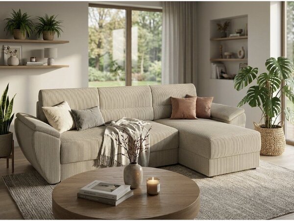Rozkładana narożna sofa TAVERO 251x140 cm, jasnobeżowa, uniwersalna