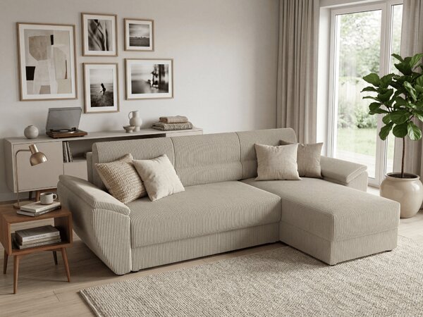 Rozkładana narożna sofa TAVERO 251x140 cm, jasnobeżowa, uniwersalna