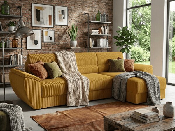 Rozkładana narożna sofa TAVERO 251x140 cm, musztardowa, uniwersalna