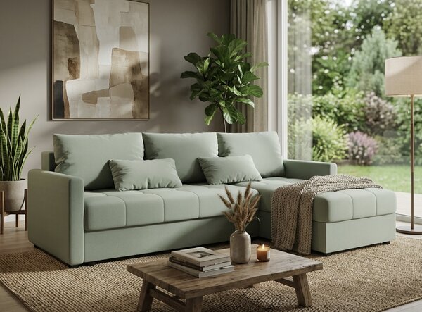 Rozkładana narożna sofa VENORIA 220x143 cm, jasnozielona, uniwersalna + 2 poduszki GRATIS