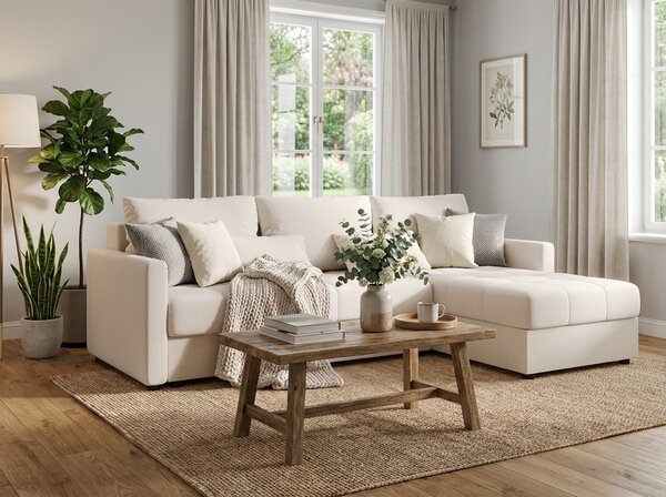 Rozkładana narożna sofa VENORIA 220x143 cm, kremowa, uniwersalna + 2 poduszki GRATIS