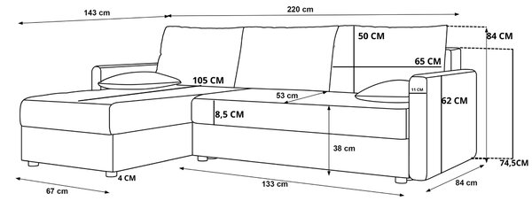 Rozkładana narożna sofa VENORIA 220x143 cm, kremowa, uniwersalna + 2 poduszki GRATIS