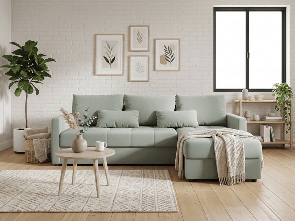 Rozkładana narożna sofa VENORIA 220x143 cm, jasnozielona, uniwersalna + 2 poduszki GRATIS