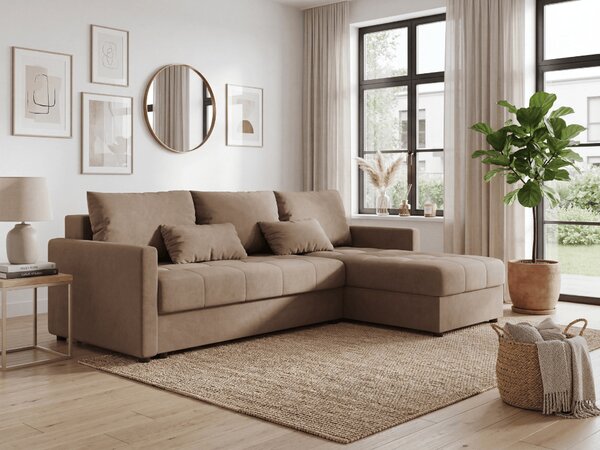 Rozkładana narożna sofa VENORIA 220x143 cm, beżowa, uniwersalna + 2 poduszki GRATIS