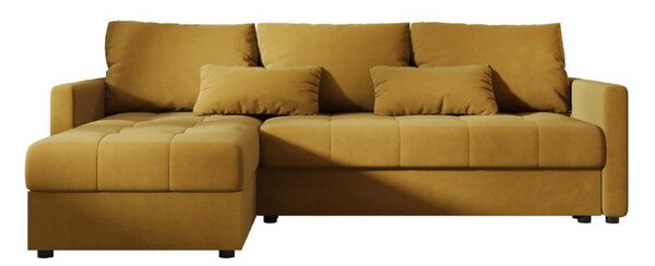 Rozkładana narożna sofa VENORIA 220x143 cm, musztardowa, uniwersalna + 2 poduszki GRATIS