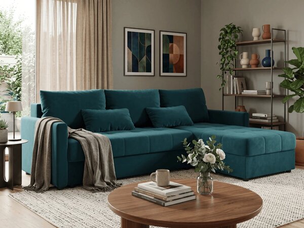 Rozkładana narożna sofa VENORIA 220x143 cm, petrolowa, uniwersalna + 2 poduszki GRATIS