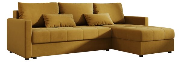Rozkładana narożna sofa VENORIA 220x143 cm, musztardowa, uniwersalna + 2 poduszki GRATIS