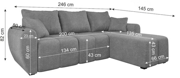 Rozkładana narożna sofa SEVIO 246x145 cm, szara, uniwersalna + 2 poduszki GRATIS