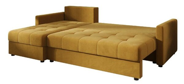 Rozkładana narożna sofa VENORIA 220x143 cm, musztardowa, uniwersalna + 2 poduszki GRATIS