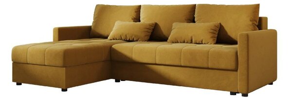 Rozkładana narożna sofa VENORIA 220x143 cm, musztardowa, uniwersalna + 2 poduszki GRATIS