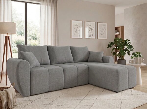 Rozkładana narożna sofa SEVIO 246x145 cm, szara, uniwersalna + 2 poduszki GRATIS
