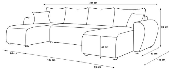 Rozkładana sofa narożna w kształcie U SEVIO 311x145 cm, szara + 2 poduszki GRATIS