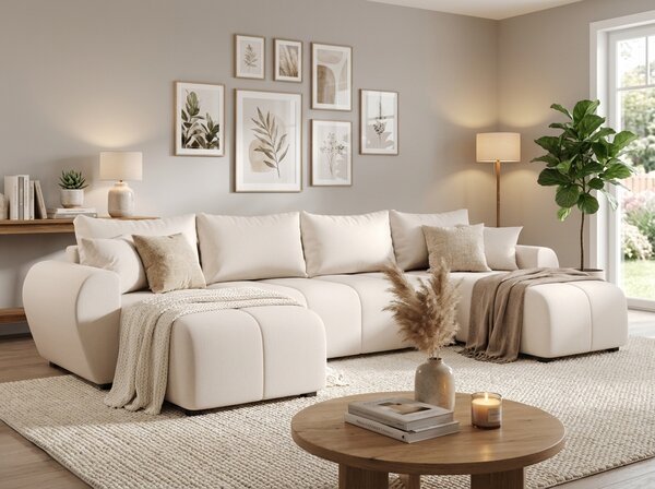 Rozkładana sofa narożna w kształcie U SEVIO 311x145 cm, kremowa + 2 poduszki GRATIS