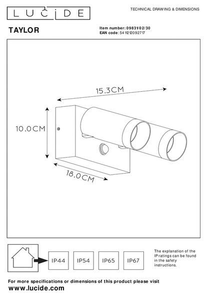 Lucide Lampa zewnętrzna z czujnikiem ruchu Taylor, możliwość ściemniania, czarny, aluminium, nowoczesny