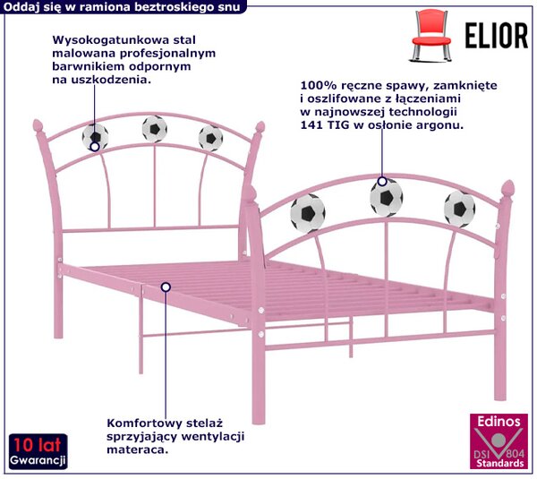 Różowe metalowe łóżko dla dziewczynki z motywem piłki 90x200 cm T2-P03
