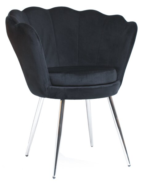 Fotel muszelka SHELL | czarny welur, chromowane nogi