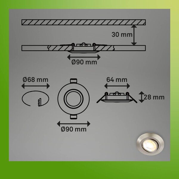 Briloner Oprawa wpuszczana LED Klira, nikiel, Ø 9 cm, obrotowa, zestaw 3 sztuk