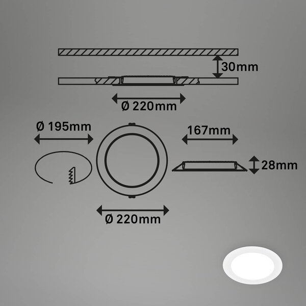 Briloner Oprawa wpuszczana LED Jeft, Ø 22 cm, biała, 4000 K, ściemniana