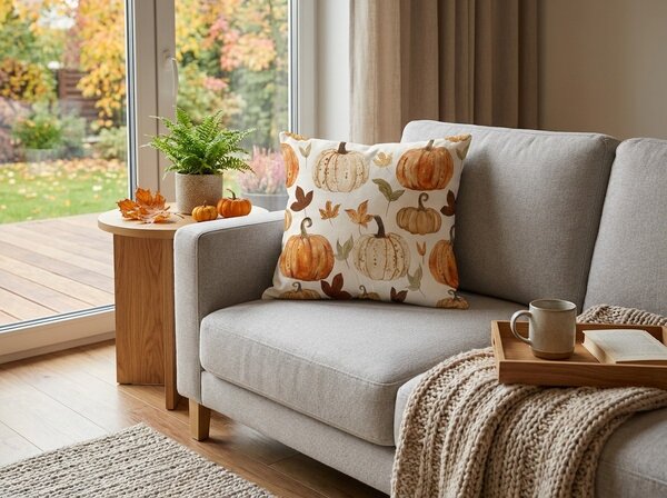 Flanelowa poszewka na poduszkę LEAVES & PUMPKINS 45x45 cm, kolorowa