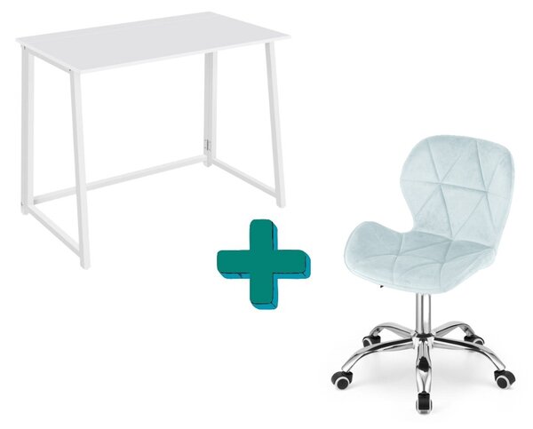 Zestaw do biura – składany stół ZARIMO 80×40 cm, biały + krzesło biurowe AVOLA VELVET jasnoniebieskie