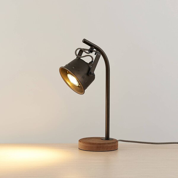 Lampa stołowa Rubinjo Lindby, ciemne drewno, salon / jadalnia, metal, vintage