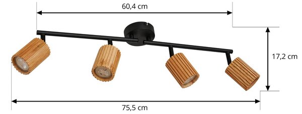 Lindby Reflektor sufitowy Stralino, 4-punktowy, długość 60 cm, drewno Stralino Lindby, możliwość ściemniania, jasne drewno, przedpokój, drewno, nowoczesny
