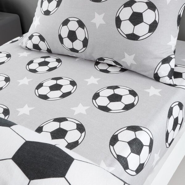 Szare flanelowe prześcieradło dziecięce dwuosobowe z gumką 135x190 cm Football Stars – Catherine Lansfield