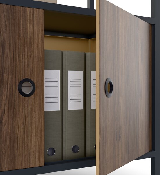Regał biurowy otwarty z drążkiem na ubrania, do recepcji i poczekalni, metalowy, antracytowy/orzech, 800x2200x400 mm: ARIEL Eco Design