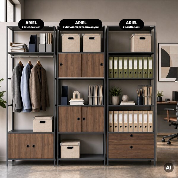 Regał biurowy otwarty z drążkiem na ubrania, do recepcji i poczekalni, metalowy, antracytowy/orzech, 800x2200x400 mm: ARIEL Eco Design