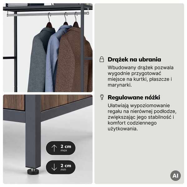 Regał biurowy otwarty z drążkiem na ubrania, do recepcji i poczekalni, metalowy, antracytowy/orzech, 800x2200x400 mm: ARIEL Eco Design