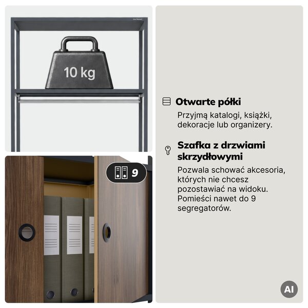 Regał biurowy otwarty z drążkiem na ubrania, do recepcji i poczekalni, metalowy, antracytowy/orzech, 800x2200x400 mm: ARIEL Eco Design