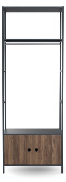 Regał biurowy otwarty z drążkiem na ubrania, do recepcji i poczekalni, metalowy, antracytowy/orzech, 800x2200x400 mm: ARIEL Eco Design