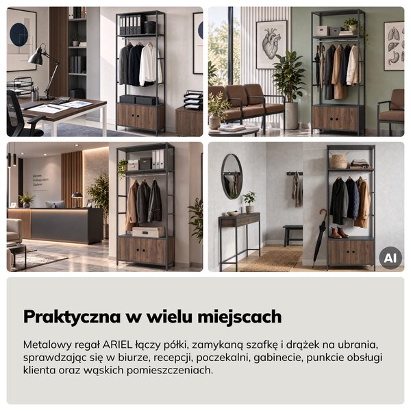 Regał biurowy otwarty z drążkiem na ubrania, do recepcji i poczekalni, metalowy, antracytowy/orzech, 800x2200x400 mm: ARIEL Eco Design