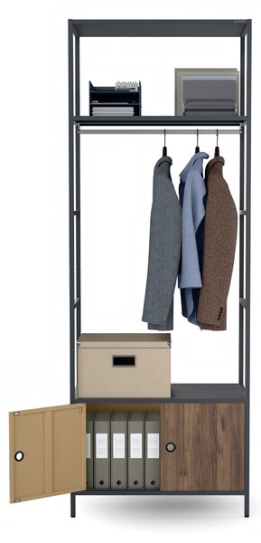 Regał biurowy otwarty z drążkiem na ubrania, do recepcji i poczekalni, metalowy, antracytowy/orzech, 800x2200x400 mm: ARIEL Eco Design