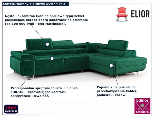 Zielony welurowy narożnik z funkcją spania Z2-A22
