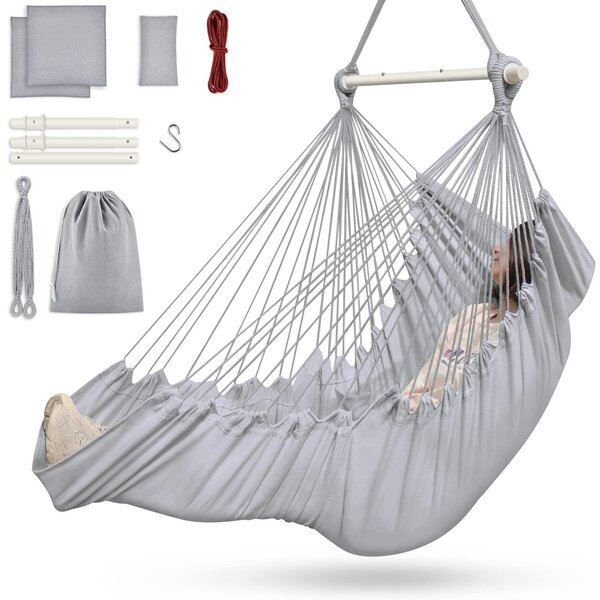 Hanging chair do użytku wewnątrz i na zewnątrz, wyposażony w 3 poduszki i podnóżek, o udźwigu do 200 kg, przeznaczony dla dzieci i dorosłych