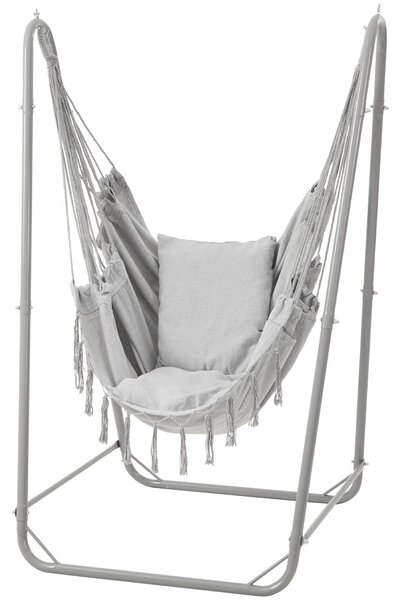Hanging chair ze stalową konstrukcją, podstawą w kształcie litery "U", wytrzymujący obciążenie do 100 kg, przeznaczony do użytku wewnątrz i na zewnątrz